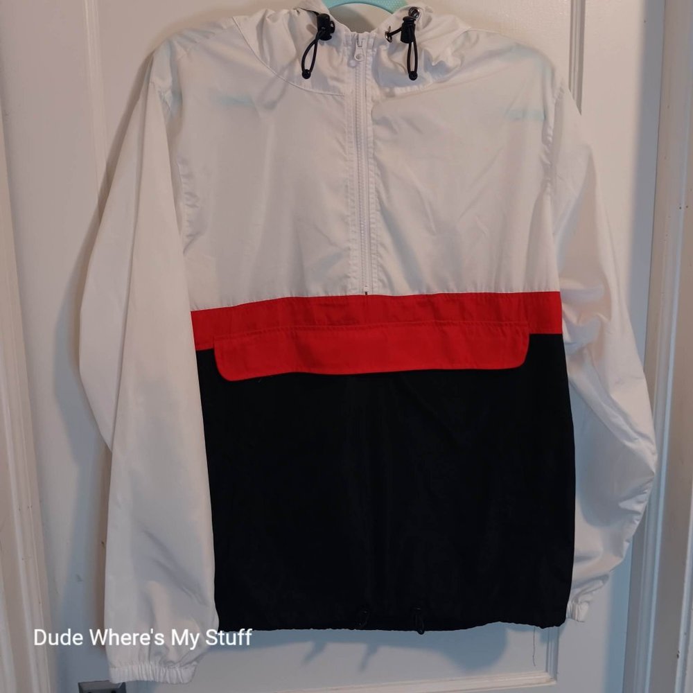 FASHION NOVA 1/2 ZIPPER PULL OVER HOODIE WINDBREAKER - MEN'S MEDIUM WHITE & BLUE